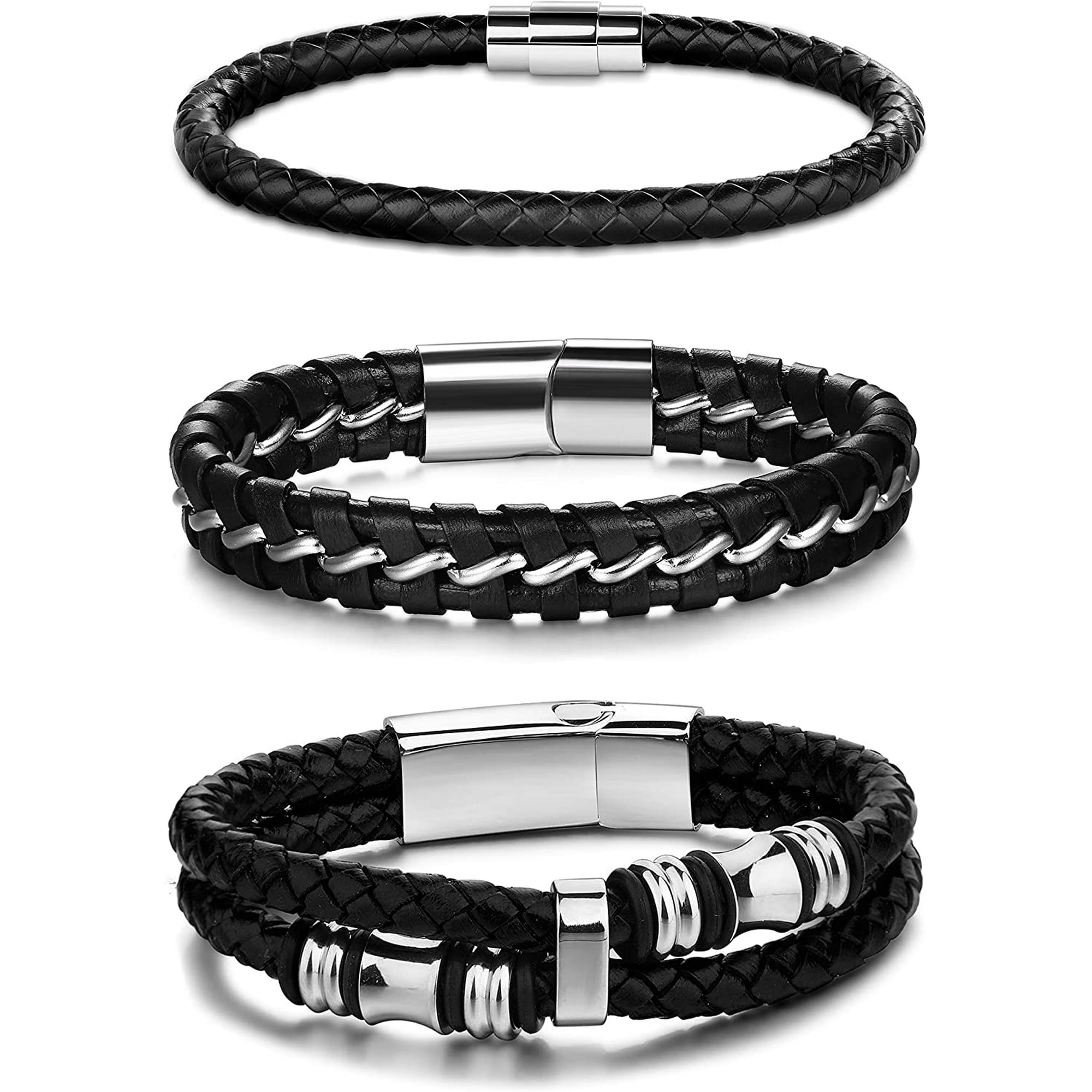 Men's Stainless Steel Magnetic Buckle Bracelet Cool Bangle Cuff Leather Braided